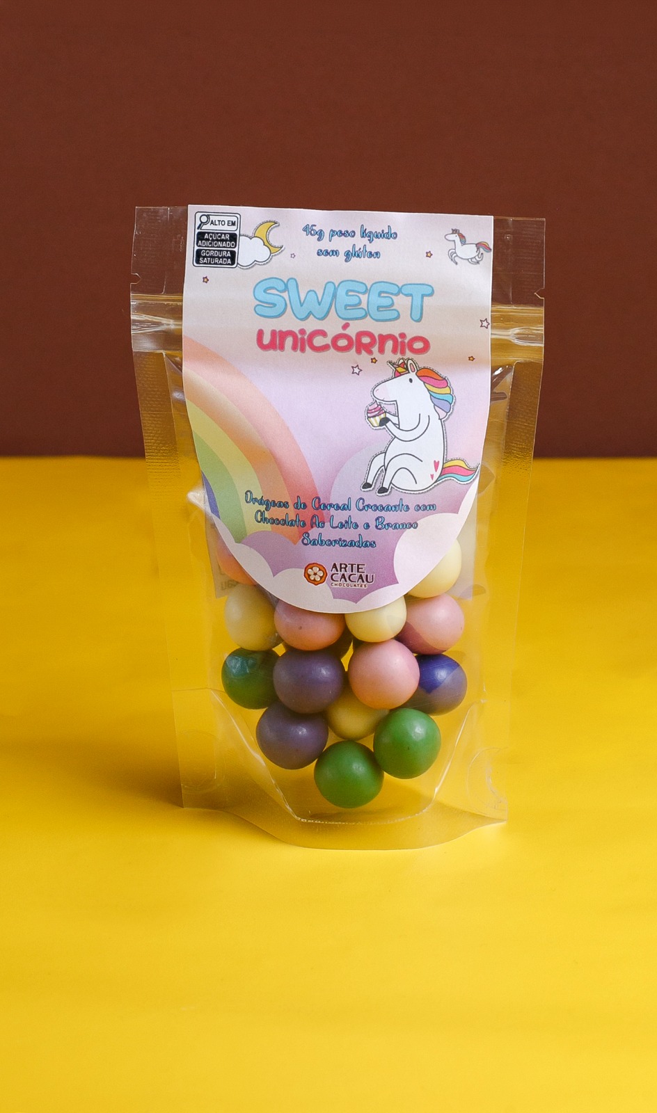 Pacote Sweet Unicórnio com drágeas de cereal crocante coloridas